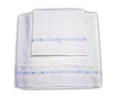 Zigozago - Set Lenzuola ricamate in raffinato piquet di cotone fatte a mano ELEGANTI con pizzo Sangallo; Dimensione: culla; nastro Azzurro