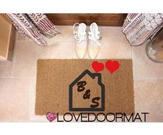 ZERBINO CASA 2 CUORI PERSONALIZZABILE DA INTERNO COCCO NATURALE CM. 67x50 SPAZZOLA ASCIUGA SPORCO LOVEDOORMAT ® HANDMADE IN ITALY