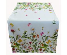 Raebel - Runner da tavola, tovaglia centrotavola, 40 x 90 cm, decorazione da tavola per Pasqua, primavera , bianca e colorata con fiori e farfalle