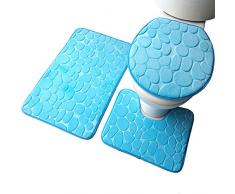 Fablcrew Cuscino del Sedile del Water Tappetini da Bagno Tappeti e tappetini di Assorbenti Antiscivolo Lavabile in Lavatrice, 3 Pezzi a Set Size 50 * 80CM/50 * 40CM/43 * 38CM (Blu)