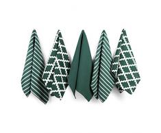 Penguin Home 3476 Set di 5 Strofinacci, 100% Cotone, Morbido, Resistente, Elegante Design Verde Cacciatore con Diversi Motivi, Lavabile in Lavatrice, 65 x 45 cm, Confezione da 5, 5 Pacco