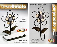 Arredo bagno: set due pezzi portarotolo da muro e gancio appendino asciugamano in ferro decorato fiore margherita