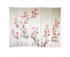 PEGANE Paravento in Legno Bianco con Fiori di ciliegio di 5 Pannelli