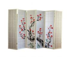 PEGANE Paravento in Legno con Fiore di Ciliegia Bianca di 6 Pannelli