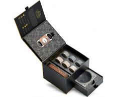 Set Regalo Pietre da Whisky, Tagliasigari e Posacenere - 6 Pietre Artigianali in Pietra e Teca per Esporre e Conservare - Lussuosi Accessori per Whisky e Sigari, Cofanetto Regalo in Lamina dOro ROCKS
