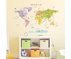 DECOWALL DAT-1306N Mappa del Mondo Colorato (Grande) (Ver. Inglese) Adesivi da Parete Decorazioni Stickers Murali Soggiorno Asilo Nido Camera Letto per Bambini decalcomanie
