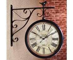 Orologio da parete a doppia faccia Orologio da esterno da giardino Orologio da stazione ferroviaria Orologio vintage Orologio da parete con staffa esterna Orologio da appendere antico in ferro battu