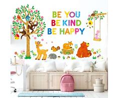 DECOWALL DC22014 Adesivi da parete con citazione di animali del bosco colorati ispiratori lettering forestale albero scimmia cervo decalcomanie rimovibili per bambini stanza dei giochi cameretta