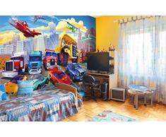 FOTOMURALE cameretta dei bambini-tappezzeria da parete Cars Planes - automobili aerei-race le auto da corsa - stanzetta dei ragazzi decorazione da parete automobili-escavatore vigili del fuoco bambini motivo by GREAT ART (336 x 238 cm)