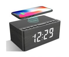 ANJANK Radiosveglia digitale con ricarica wireless, caricatore rapido wireless da 10 W per iPhone/Android, caricatore USB e display LED dimmerabile, funzionamento a rete, altoparlante, legno (grigio)