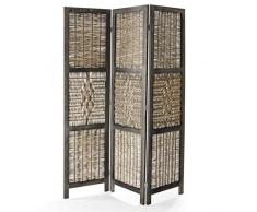 VERDELOOK Paravento Norma a 3 Ante in Legno e Bamboo Intrecciato, 132X6x170 cm