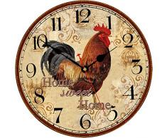 TAHEAT 30 cm Vintage Gallo Orologio da parete, Silenzioso Retrò Legno Orologi, Rotondo Orologio da Parete per Cucina/Soggiorno/Camera da letto/Bagno