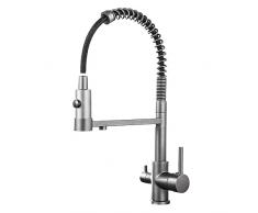 PLUSSEN 3 Vie Rubinetto Cucina Molla con Spirale e Doccetta Tira fuori estraibile per I Sistemi Osmosi Filtro Lacqua Acqua, Miscelatore Monoleva Monocomando per Lavello potabile (19-Grigio)