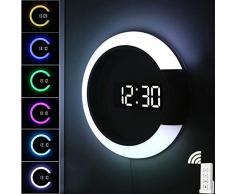 Orologio da parete digitale a luce LED, Orologio elettronico con telecomando con luce ad anello per temperatura di allarme Lampada da parete grande orologio rotondo per Home Office Mall School
