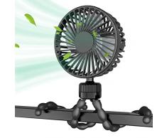 KOOPAO Ventilatore Portatile per Passeggino, Batteria Ricaricabile USB Piccolo Ventilatore a Clip per Bambini, Ventola a 3 Velocità Girevole Flessibile per Auto, Campeggio, bici - Nero