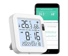 Monitoraggio della temperatura di umidità WiFi: sensore intelligente di temperatura e umidità con schermo LCD,con luce di induzione PIR e allarme APP, termometro interno igrometro funziona con Alexa