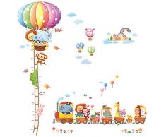 DECOWALL DA-1606N1406A Treno con Animali e Tabella di Altezza con Mongolfiera Adesivi da Parete Decorazioni Parete Stickers Murali Soggiorno Asilo Nido Camera da Letto per Bambini