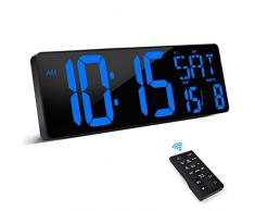 XREXS Orologio da Parete Digitale con Telecomando, 16,5 LED Orologio Digitale da Parete, Orologio Sveglia Digitale con Luminosità Regolabile, Orologio con Ora/Data/Temperatura (Blu)