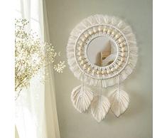 SOMYTING Specchio da Parete da Appendere Stile Boho Macramè con Frange in Legno Ciondolo a Forma di Piuma Specchio Rotondo per Camera da Letto Corridoio Soggiorno Decorazione per la Casa