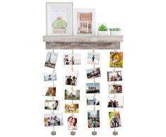 Vencipo Mensole da Muro Design per Appendere Cornice Portafoto Collage, Cornici Foto in Legno Multipla con 24 Foto Clips, Scaffale Legno Accessori per Camera da Letto.