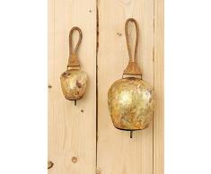 Boltze Campanaccio Mucca, campanaccio Capra, in Metallo, Effetto Oro Antico, con Cinghia Marrone, 1 Pezzo, Dimensioni circa17 cm x 10 cm x 41 cm.