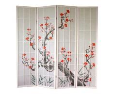 PEGANE Paravento Legno con Fiore di Ciliegia Bianca di 4 Pannelli