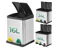 Jago Pattumiera per Differenziata - capacità a Scelta 16/24/60 l, 2/3 Scomparti e Secchi Interni, Pedali Colorati, Acciaio Inox - Bidone per Spazzatura, Cestino per Raccolta Differenziata, da Cucina