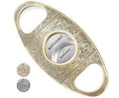 Scott & Webber® - Tagliasigari con doppia lama in acciaio inox - Accessori per sigari per grandi dimensioni - Include custodia in pelle e confezione elegante (oro/bronzo)