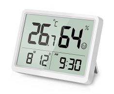 DOOMAY Termometro Digitale Igrometro per Interni: Piccolo e preciso misuratore di temperatura e umidità con grandi cifre LCD e ora data, igrometro ambientale calibrabile per la casa Garage (Bianco)
