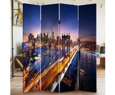 BAKAJI Paravento Separè 4 Pannelli Struttura in Legno Rivestimento in Tela con Stampa Fronte Retro Citta New York Divisorio Richiudibile Pieghevole Design Moderno (Ponte Manhattan)