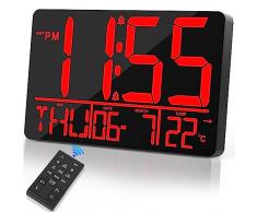 XREXS 13 orologio digitale da parete con Telecomando, Orologio da Parete Led Grande a Luminosità Regolabile, Orologio Calendario Digitale con Temperatura/Data/Giorno (8 lingue)/2 Sveglia (Rosso)