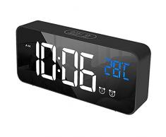 NK Sveglia Digitale da Comodino - Doppio allarme, Radiosveglia, Indicazione della Temperatura, 12/24 Ore, Luminosità Regolabile, Snooze Time, Porta di ricarica USB, Batteria integrata