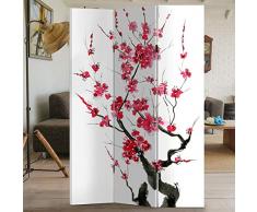 BAKAJI Paravento Separè 3 Pannelli Struttura in Legno Rivestimento in Tela con Stampa Fronte Retro Ciliegio Giapponese Divisorio Richiudibile Pieghevole Design Moderno (180 x 120 cm)