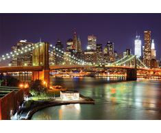 Brooklyn Bridge / Ponte di Brooklyn FOTOMURALE- skyline di New York City con il ponte di Brooklyn fosforescente di notte - XXL tappezzeria da parete/decorazione da parete