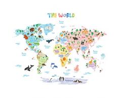 DECOWALL DLT-1615 Mappa del Mondo Animali (Extra Grande) (Ver. Inglese) Adesivi da Parete Decorazioni Stickers Murali Soggiorno Asilo Nido Camera Letto per Bambini decalcomanie