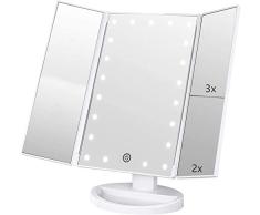 Infitrans Specchio con Luce,Specchi da Tavolo con Touch Screen Tri-Fold, ingrandimento 1x / 2X / 3X e Caricatore USB o Wireless, Luce LED Regolabile a 180 ° per Il banco da Viaggio (Bianca)
