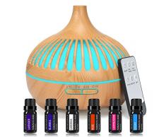 Diffusore di oli essenziali, 550 ml diffusore di aromi umidificatore da con set di 6 oli essenziali puri, controllo della nebbia, spegnimento automatico senza acqua e 7 colori che cambiano