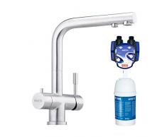 Franke Wellfresh 110 - Rubinetto a 3 vie con filtro Brita P1000, design a L, in acciaio inox massiccio Rubinetto da cucina, miscelatore a tre vie, per impianti ad osmosi per acqua potabile.