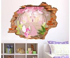 Adesivo Murale Bambini StickerDesign Made in italy Adesivo Murale effetto Buco nel muro 3D Fatina Seduta sul bordo del muro e Castello Magico con stradina sterrata e farfalline in una foresta incantata effetto realistico Adesivo
