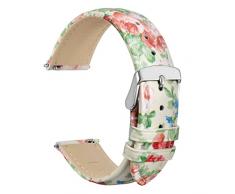 WOCCI 18mm Fiore Cinturino Orologio da Donna, Vera Pelle, Sgancio Rapido, Fibbia Argentata (Giardino Bianco)