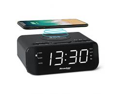 Reacher Radiosveglia digitale con Ricarica Senza fili-porta USB,Grande Display LED Regolabile,Timer per il sonno,2 suoni di Sveglia,Volume Regolabile,12/24H,Orologio FM moderno per camere da letto