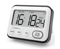 Timer da cucina Sveglia multifunzionale con ampio display LCD a grandi cifre, Digitale Contaminuti da Cucina Cronometro Digitale con Funzione Orologio