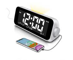 Deeyaple Sveglia LED Luce Orologio Tavolo Snooze Digitale Doppia Sveglia 13 Toni Dimmerabile Continuo 12/24 ore Giorno Della Settimana Display Temperatura Cifre 2 Porte di Ricarica USB Funzione Radio