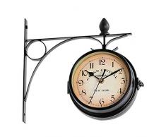 POHOVE Orologio da parete a doppia faccia da giardino con stazione ferroviaria da giardino, adatto per recinzioni interne ed esterne (colore nero, dimensioni: 21,8 x 21,8 cm tipo2)