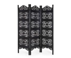 Bizzotto Paravento a 3 Ante per Interno Colore Nero Anticato in Legno Intarsiato a Mano cm. 150