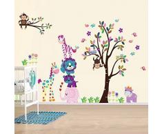 Walplus Art Decoration - Adesivi murali autoadesivi in carta per la camera dei bambini, motivi: animaletti felici con albero