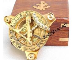 KHUMYAYAD Bussola meridiana in ottone antico oggetto replica nautica con scatola in palissandro.