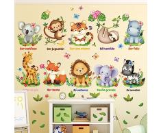 DECOWALL DS12-8074 Cuccioli Animali e Citazione Adesivi Murali Cartoni Animati Camera dei Decorazioni per la Casa Camera Safari nel Bosco Stanza dei Giochi Ragazzi Scimmia Leoni Zebra Fiore Farfalla