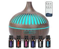 Diffusore di Oli Essenziali,Diffusore di Oli Essenziali Ultrasuoni con 6x10ml Oli Essenziali, Diffusore di Aroma Diffusori con 7 Colori LED, 4 ImpostazioneTimer, Senza BPA (Marrone, Grana del legno)