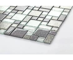 1qm vetro mosaico piastrelle tappetino nero e argento con pietre in tre diverse misure (MT0044 m2 DE)
